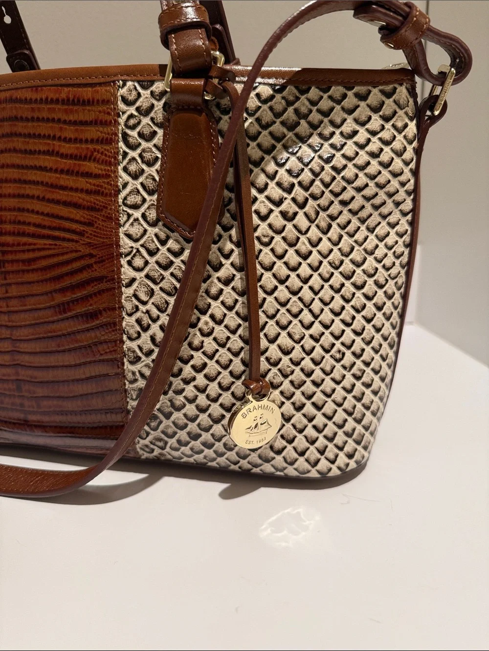 Brahmin Tri-Panel Leather Satchel in Brown and Cream